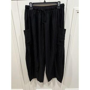 Tarse Pants Womens Medium Black Linen Blend‎ Pull On Wide Leg Lagenlook Yoga